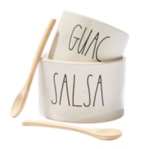 Rae Dunn Guac and Salsa Stoneware Serving Bowl Set Bamboo Serving Spoons